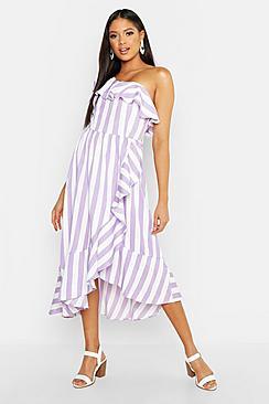 Boohoo Tall Textured Stripe Ruffle Hem Midi Dress