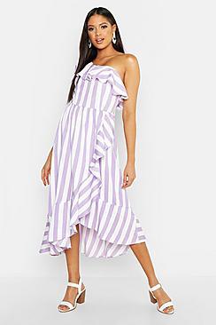 Boohoo Tall Textured Stripe Ruffle Hem Midi Dress