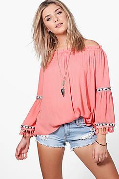 Boohoo Lexi Tassel Off Shoulder Woven Top