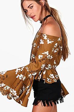 Boohoo Layla Floral Bardot Flare Sleeve Top