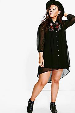 Boohoo Plus Beatrice Embroidered Shirt Dress