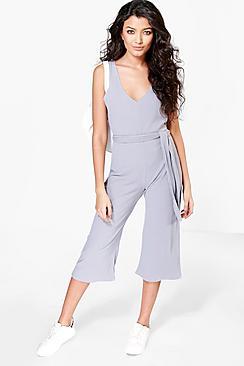 Boohoo Laura Ribbed Culotte Self Belt Jumpsuit