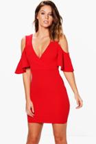 Boohoo Jo Cold Shoulder Bell Sleeved Bodycon Dress Red
