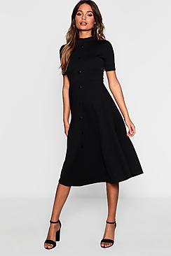 Boohoo Button Through High Neck Midi Skater Dress