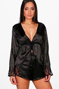 Boohoo Nancy Satin & Lace Tie Shirt & Short Set