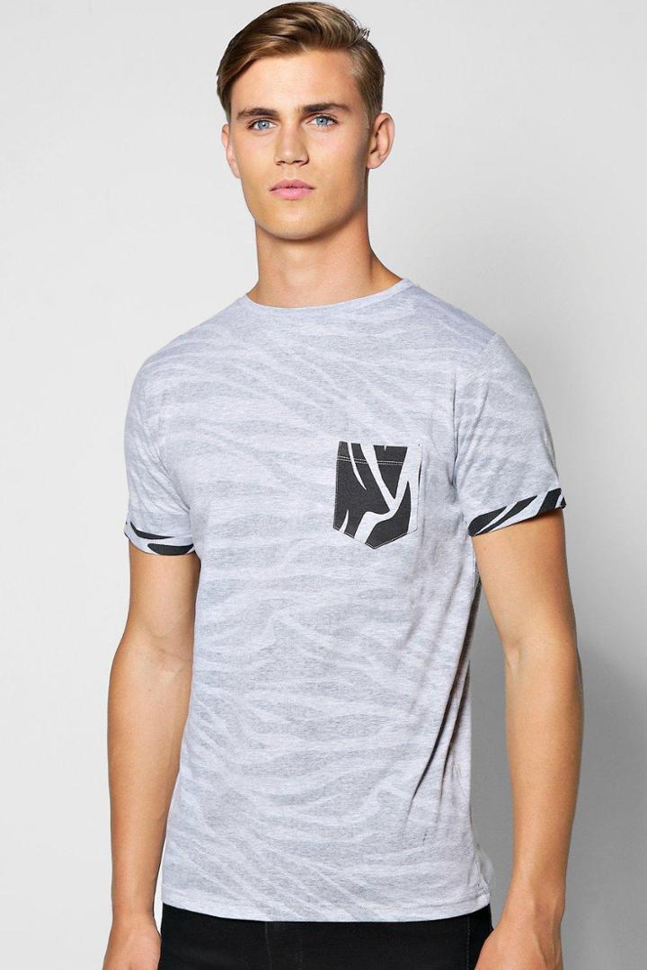 Boohoo Pocket Print Tee With Turn Up Sleeve Grey