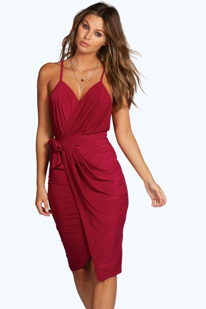 Boohoo Evie Wrap Detail Plunge Slinky Midi Dress Raspberry