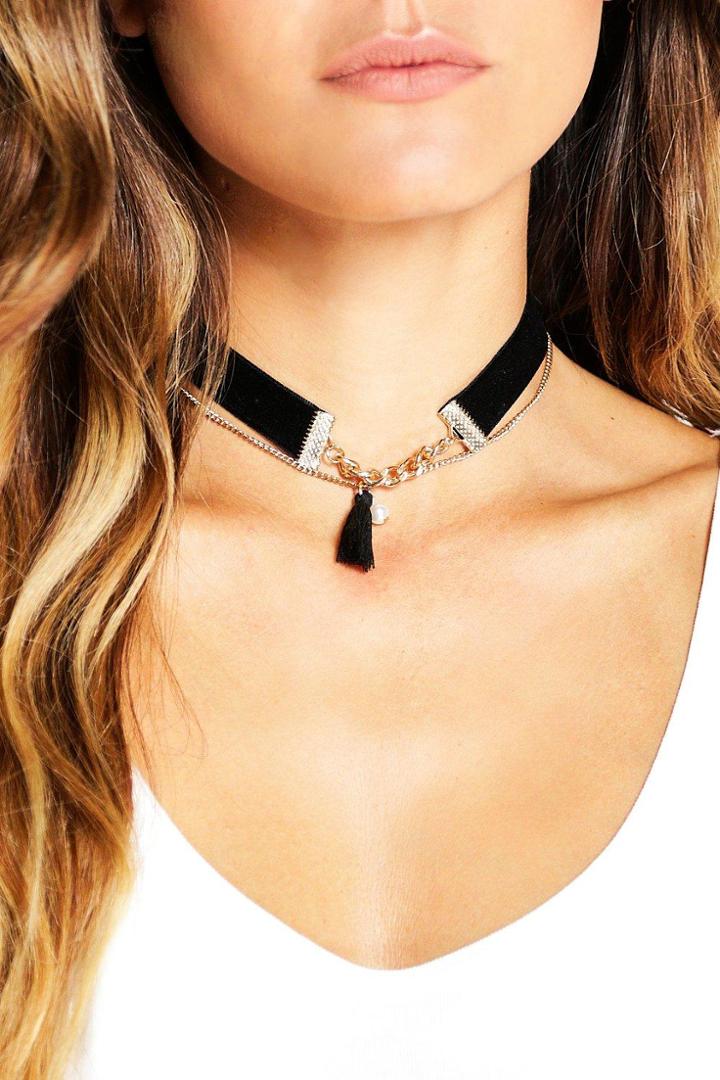 Boohoo Ivy Diamante And Tassel Layered Choker Gold