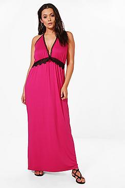 Boohoo Plus Stella Crochet Insert Plunge Maxi Dress