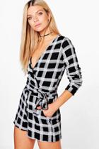 Boohoo Jen Checked Wrap Over Belted Playsuit Black