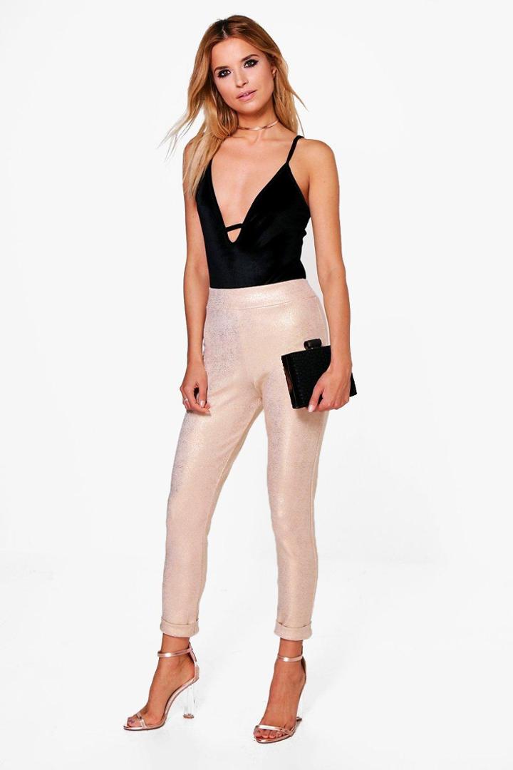 Boohoo Naya Metallic Turn Up Stretch Skinny Trousers Sand