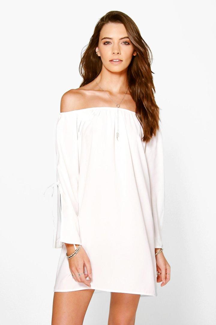 Boohoo Beatrix Off The Shoulder Flare Sleeve Shift Dress White