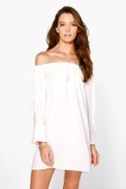 Boohoo Beatrix Off The Shoulder Flare Sleeve Shift Dress White