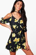 Boohoo Bailey Ruffle Cold Shoulder Playsuit Black