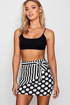 Boohoo Carrie Spot & Stripe Wrap Tie Mini Skirt