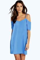 Boohoo Mandy Strappy Woven Cold Shoulder Dress Blue