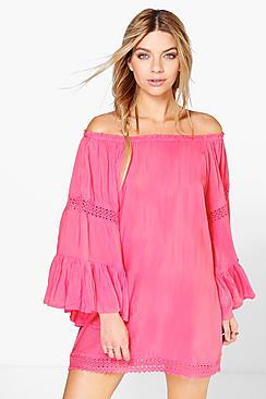Boohoo Debbie Wide Sleeve Crochet Trim Bardot Dress