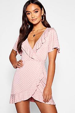 Boohoo Petite Polka Dot Ruffle Wrap Tea Dress