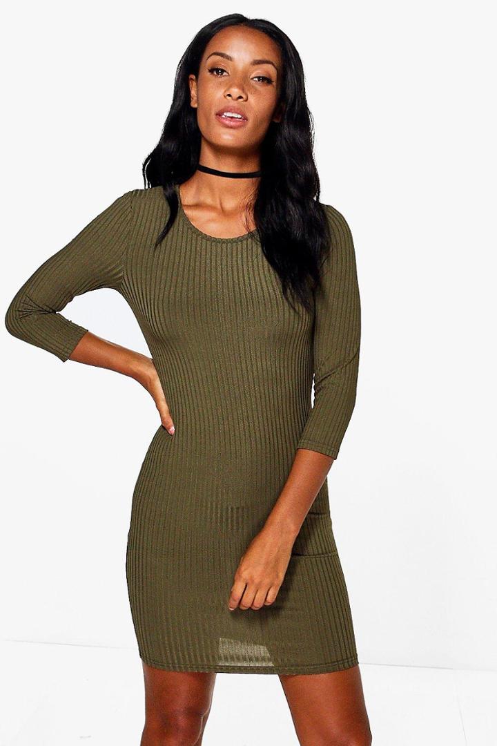 Boohoo Sheeva Ribbed 3/4 Sleeved Bodycon Dress Khaki