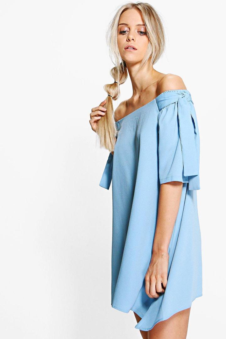 Boohoo Teresa Off Shoulder Tie Sleeve Shift Dress Bluebell