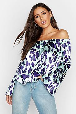 Boohoo Woven Leopard Off The Shoulder Top