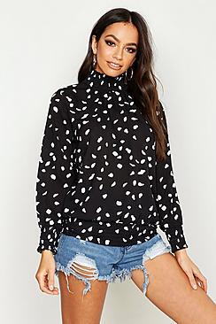 Boohoo Smudge Print High Neck Blouse