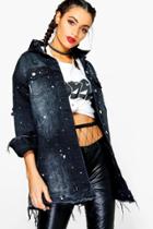 Boohoo Lia Paint Splatter Distress Long Line Jean Jacket Black