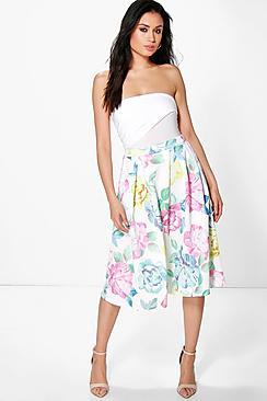 Boohoo Megzhan Bright Floral Box Pleat Skater Skirt