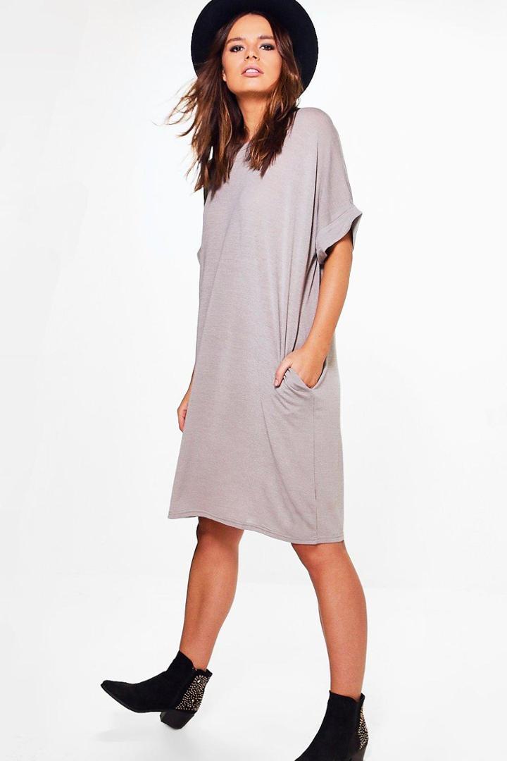 Boohoo Ella Fine Gauge T Shirt Dress Khaki