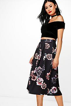 Boohoo Avianna Dark Floral Box Pleat Skater Skirt