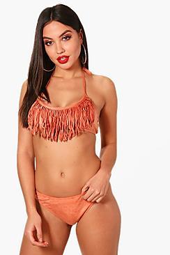 Boohoo Bahamas Fringed Bandeau Suede Effect Bikini