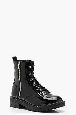 Boohoo Lauren Patent Lace Up Hiker Boots