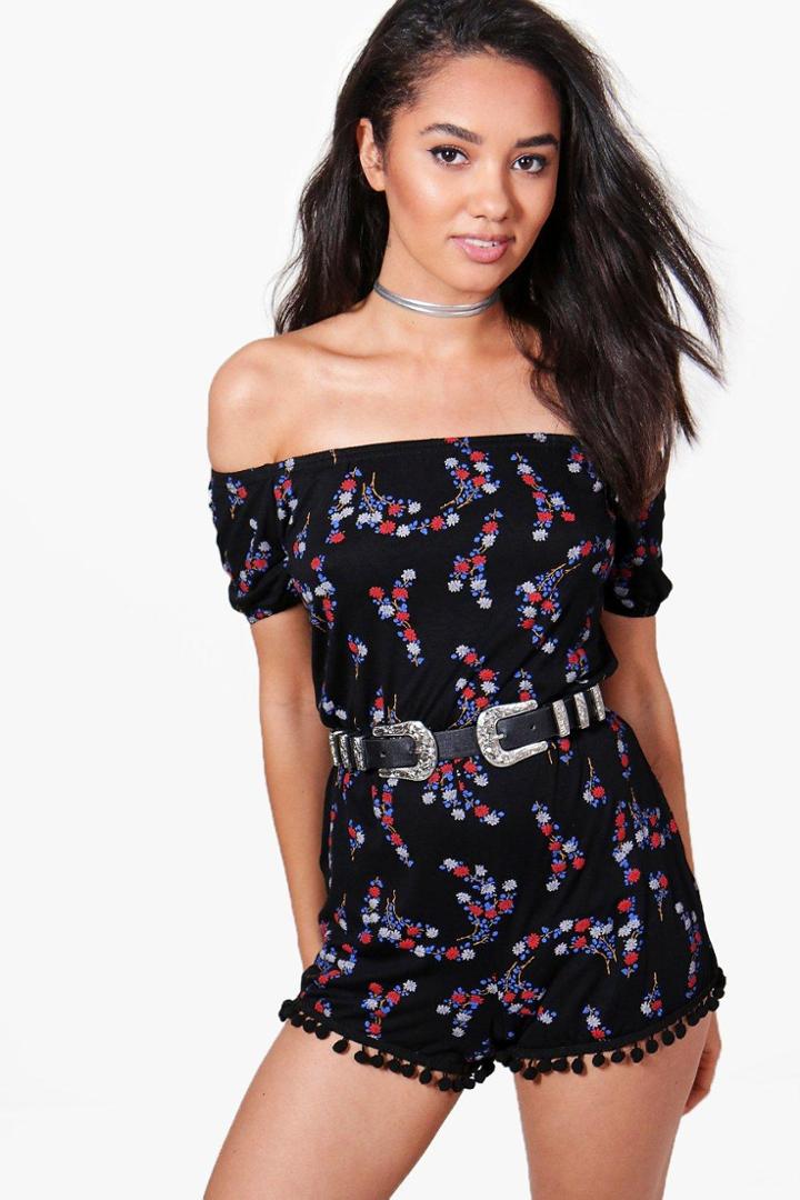 Boohoo Petite Ruby Floral Print Pom Pom Playsuit Multi