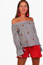 Boohoo Petite Lucy Gingham Embroidered Bardot Top