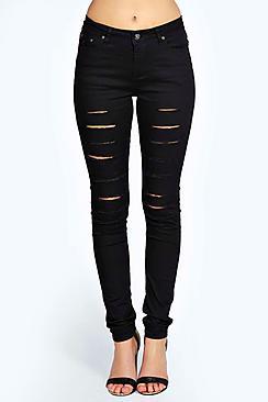 Boohoo Jess Mid Rise Cut Leg Ripped Skinny Jeans