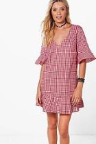 Boohoo Amy Gingham V Neck Ruffle Hem Shift Dress