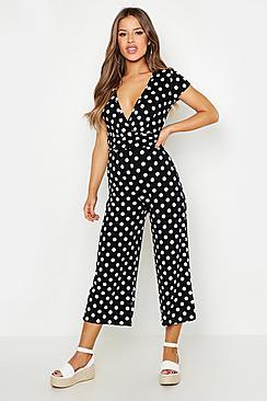 Boohoo Petite Polka Wrap Front Culotte Jumpsuit