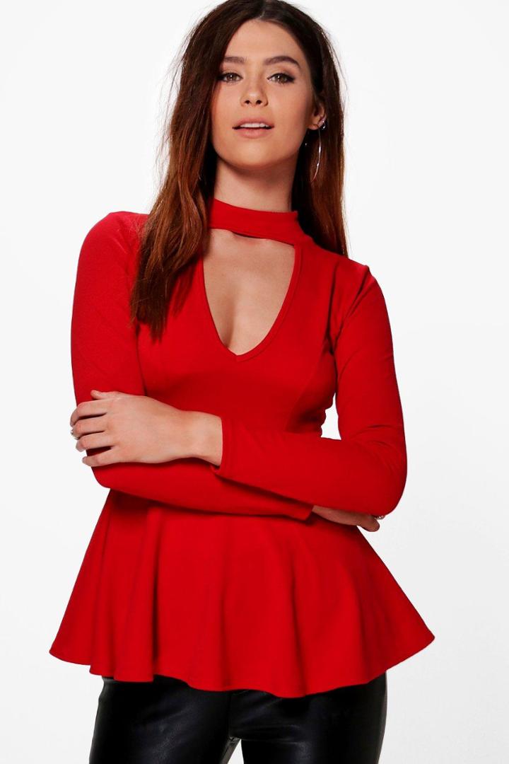 Boohoo Tall Elspeth Extreme Plunge Choker Peplum Top Red