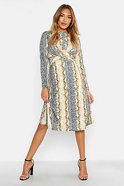 Boohoo Mixed Animal Print Knot Front Roll Neck Skater Dress