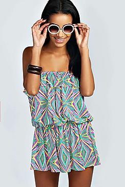 Boohoo Chelsea Neon Geometric Ruffle Bandeau Playsuit