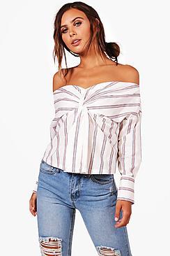 Boohoo Petite Anna Stripe Knot Front Bardot Blouse