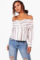 Boohoo Petite Anna Stripe Knot Front Bardot Blouse