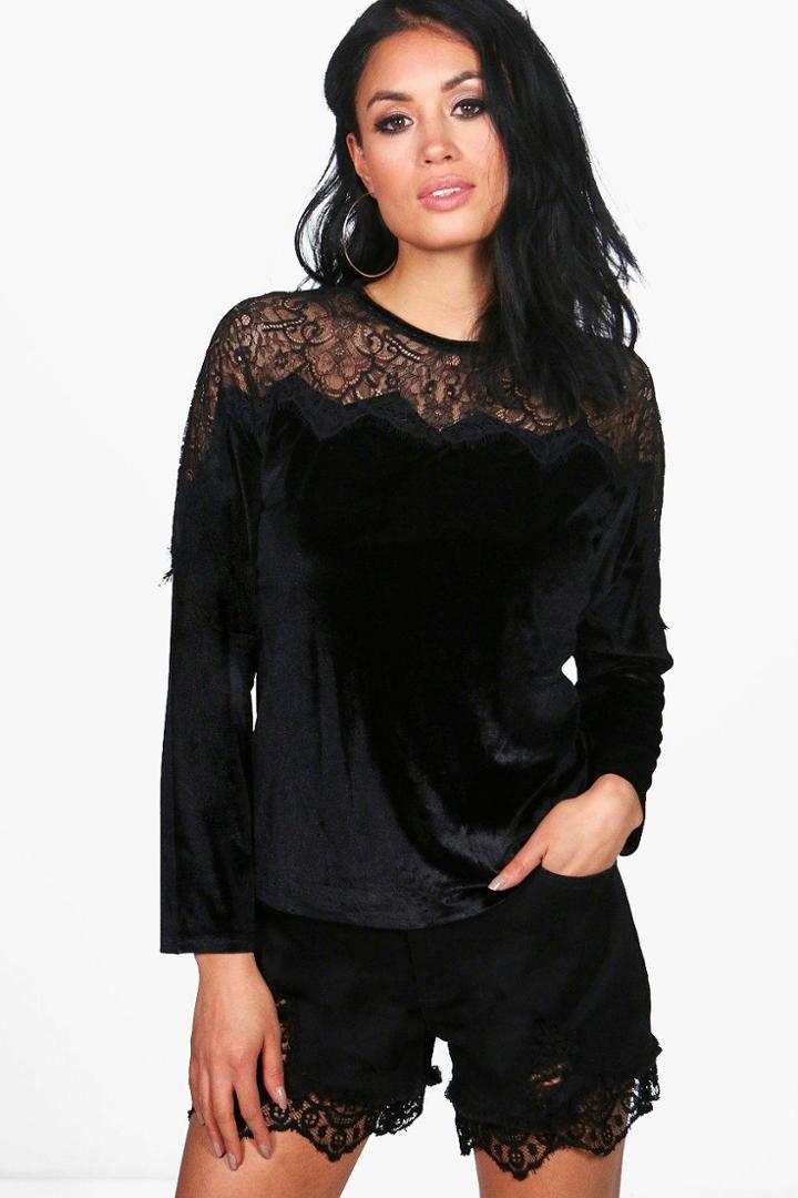 Boohoo Vicky Velvet Lace Panel Top Black