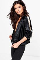 Boohoo Petite Lucie Satin Cut Away Collar Bomber Jacket Black