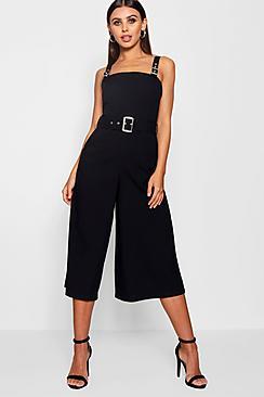 Boohoo Petite Robyn Belted Square Neck Woven Jumpsuit