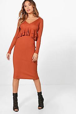 Boohoo Victoria Ribbed Frill Detail Midi Dress