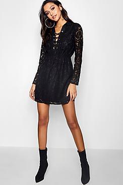 Boohoo Lo Lace Up Front Corded Lace Shirt Dress