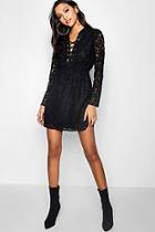 Boohoo Lo Lace Up Front Corded Lace Shirt Dress
