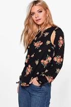 Boohoo Helena Printed Woven Cut Out Tie Sleeve Blouse