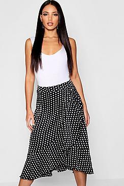 Boohoo Satin Polka Dot Ruffle Wrap Midi Skirt
